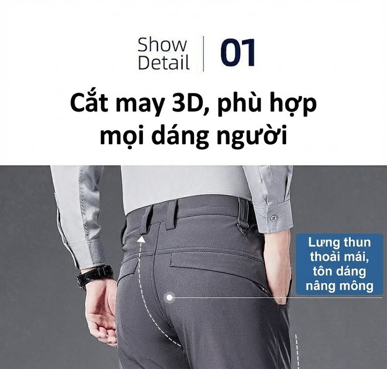 Quần Âu Nam Dáng Suông Co Giãn Nhẹ Kiểu Dáng Thanh Lịch Màu Xám, Đen, Xanh Navy chi tiết 3