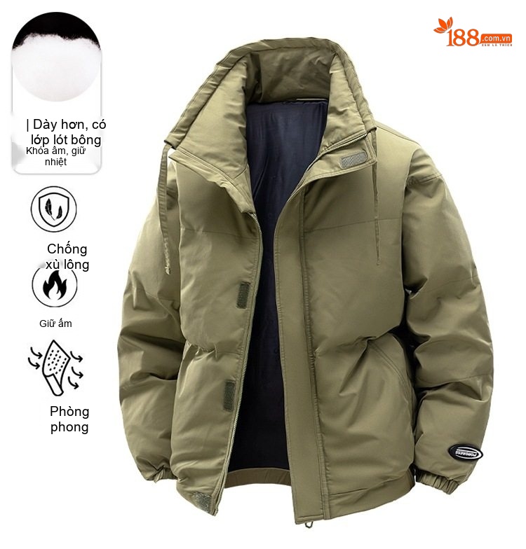 Áo Khoác Cotton Nam Nữ Cổ Trụ Dáng Rộng Phong Cách Hàn Quốc Màu Xanh Rêu, Đỏ San Hô, Đen chi tiết 1