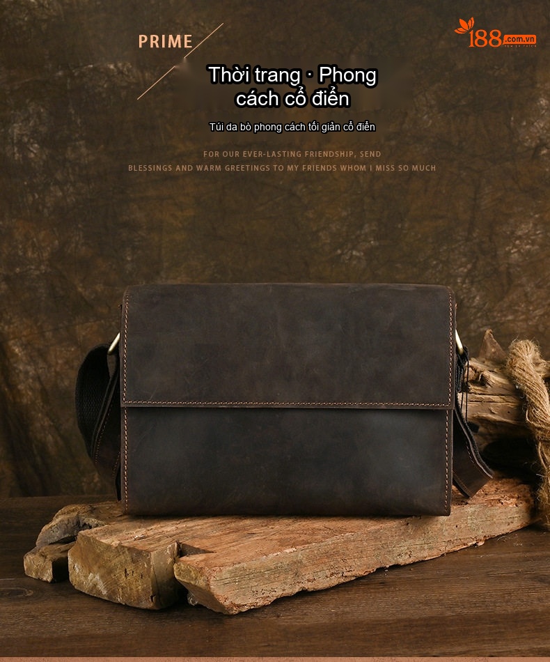 Túi Đeo Chéo Nam Da Bò Thủ Công Phong Cách Cổ Điển Màu Nâu chi tiết 1