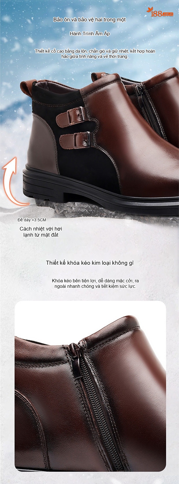 Giày Chelsea Nam Da Thật Lót Lông Cừu Mũi Nhọn Chiều Cao Đế Khoảng 3cm Màu Đen, Nâu chi tiết 5