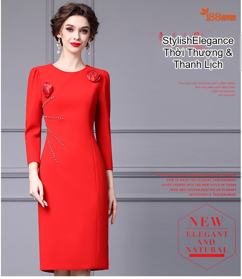 Đầm Dự Tiệc Nữ Dáng Ôm Chiết Eo Đính Hạt Cườm Hoa Nổi Màu Đỏ chi tiết 17