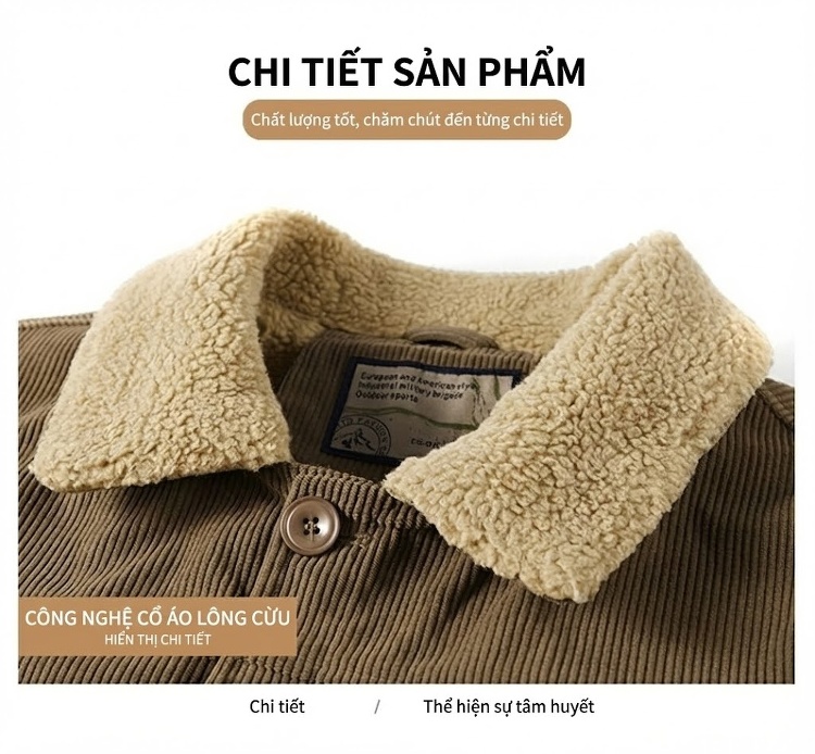Áo Khoác Nam Cotton Lót Lông Cừu Non Cổ Lông Rộng Dáng Rộng Màu Đen, Nâu, Xanh... chi tiết 24