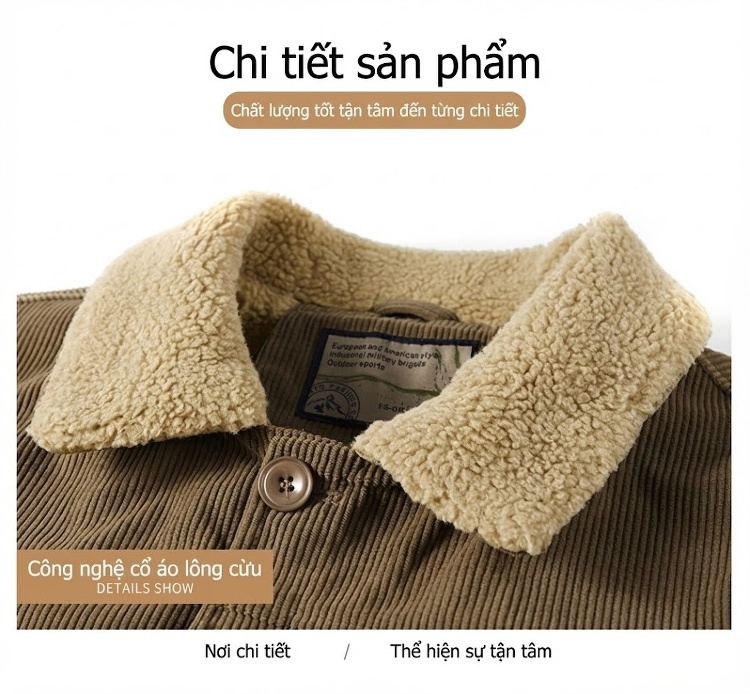 Áo Khoác Cotton Lông Cừu Nam Dáng Rộng Có Cổ Màu Nâu, Xanh Rêu, Đen chi tiết 23