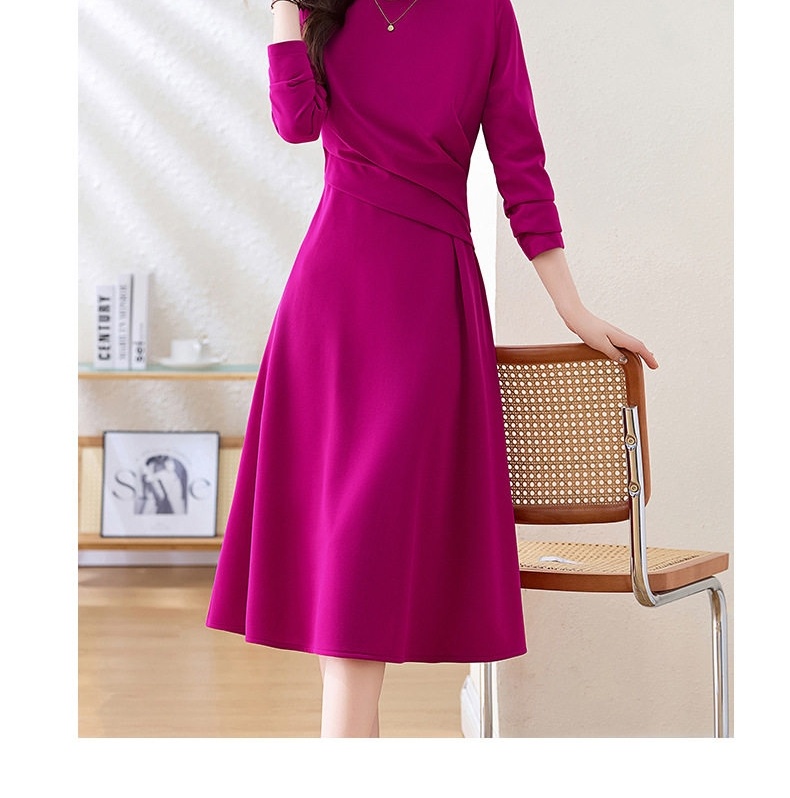 Váy Đầm Nữ Tay Dài dáng chữ A Che Bụng Tôn Dáng Thanh Lịch Màu Hồng Tím chi tiết 3