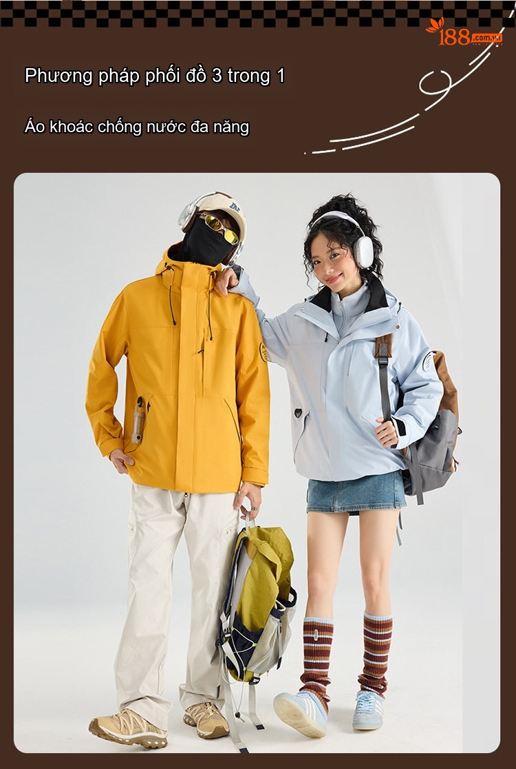Áo Khoác Gió Nữ, Nam Ba Lớp Chống Thấm Nước Giữ Ấm Phong Cách Thể Thao Màu Vàng, Xanh Dương, Xanh Nhạt chi tiết 7