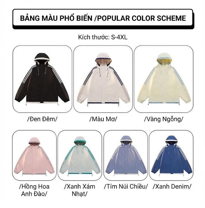 Áo Khoác Gió Nam Nữ Có Mũ Trùm Đầu Kiểu Dáng Thể Thao Màu Đen, Trắng, Hồng, Xanh Dương... chi tiết 6
