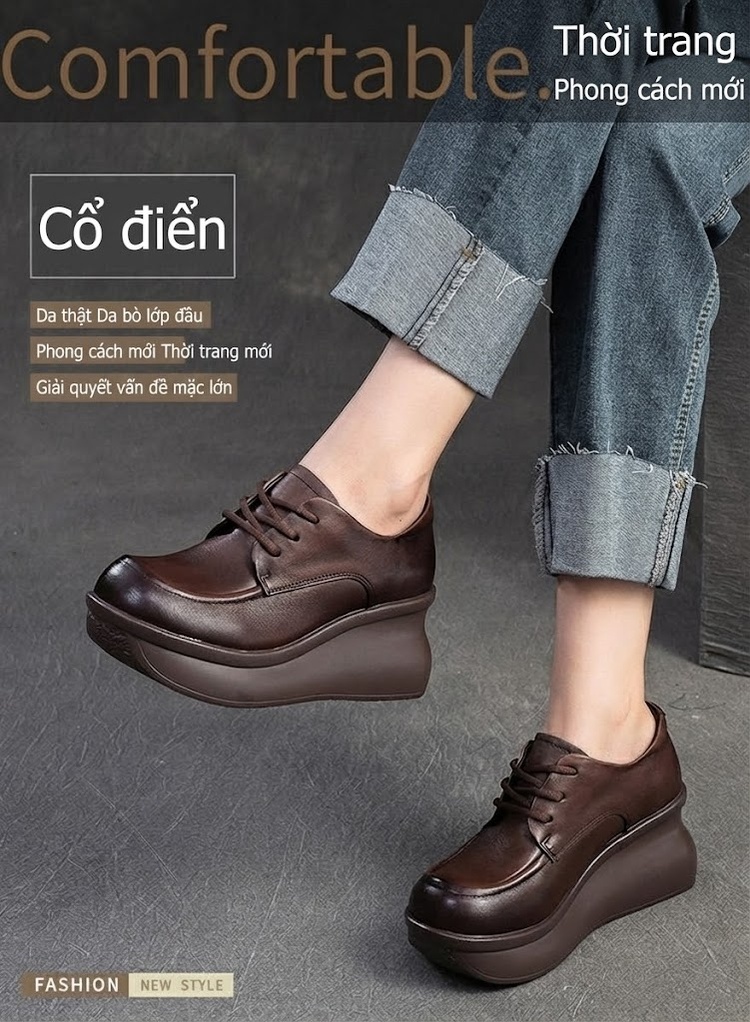Giày Oxford Nữ Da Bóng Đế Xuồng Chiều Cao Đế Khoảng 5cm Màu Đen, Nâu chi tiết 1