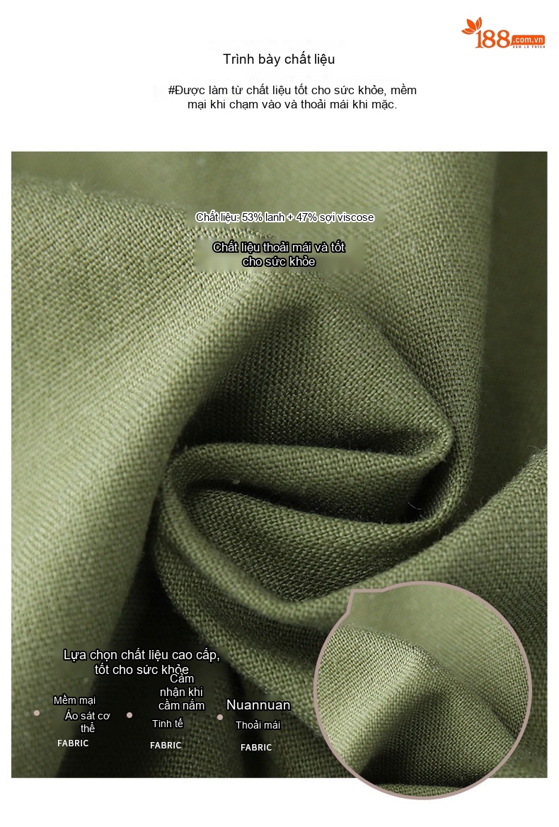 Váy Dài Tay Cotton Linen Dáng Suông Che Bụng Phong Cách Casual Màu Xanh Rêu, Đen chi tiết 7