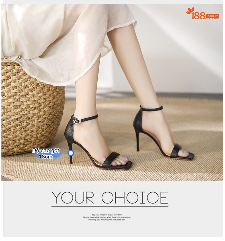 Giày Sandal Cao Gót Nữ Hở Ngón Da Mềm Quai Mảnh Gót Cao 8cm Màu Đen, Trắng, Vàng chi tiết 2