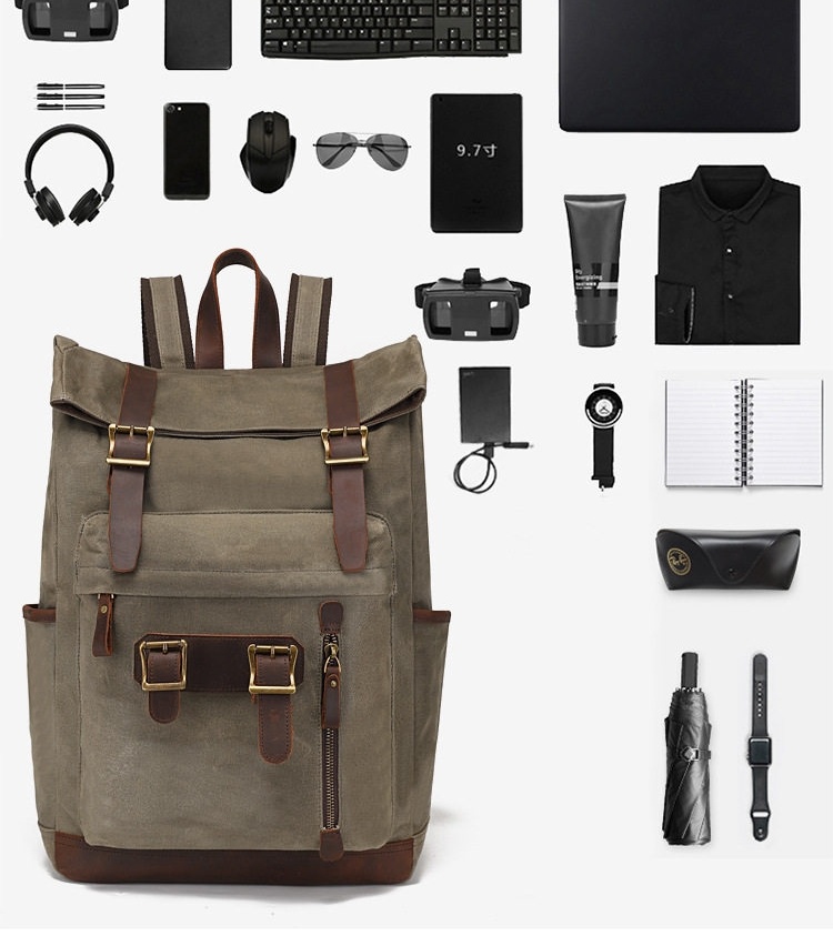 Balo Du Lịch Laptop Sinh Viên Vải Canvas Dầu Sáp Chống Thấm Nước Phong Cách Retro Màu Xám, Nâu, Đen chi tiết 7