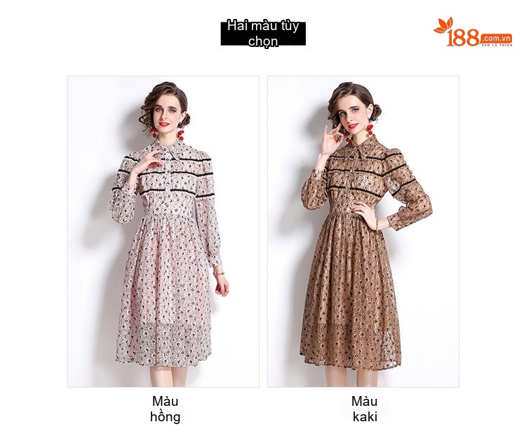 Váy Dài Tay Nữ Dáng Xòe Cổ Điển Pháp Thắt Eo Họa Tiết Ren Màu Nâu, Hồng chi tiết 13
