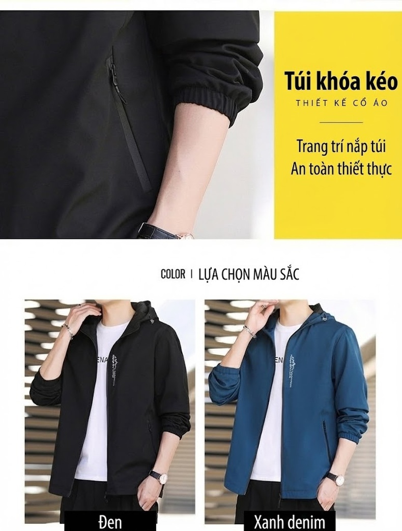 Áo Khoác Nam Dáng Ôm Có Mũ Trùm Đầu Màu Xám, Xanh Dương, Xanh Lá, Đen chi tiết 7