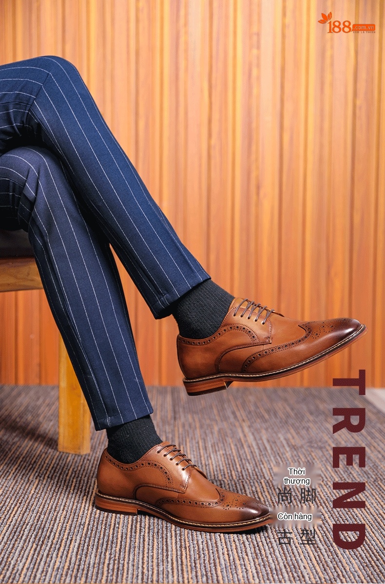 Giày Tây Brogue Buộc Dây Nam Da Bò Chiều Cao Đế Khoảng 3cm Màu Nâu chi tiết 10