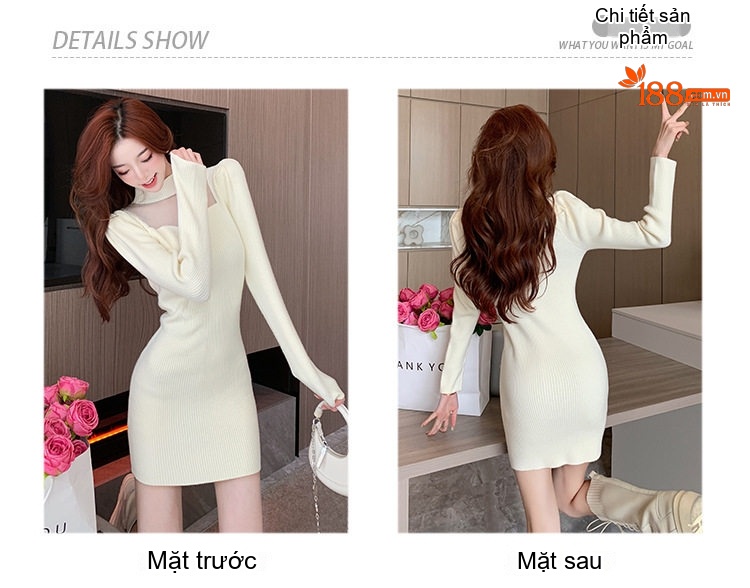 Váy Ôm Body Dệt Kim Tay Dài Chiết Eo Màu Kem, Đỏ, Đen chi tiết 3