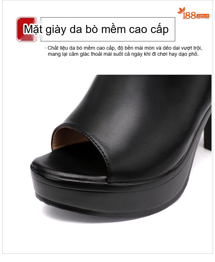 Dép Sục Nữ Hở Mũi Da Bò Đế Xuồng Quai Ngang Chiều Cao Đế 10cm Màu Đen, Trắng, Đỏ chi tiết 6
