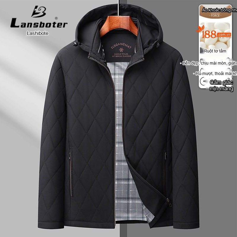 Áo Khoác Bông Nam Có Mũ Trùm Đầu Cotton Lót Lụa Tằm Ngắn Tay Giữ Ấm Màu Đen, Xanh Navy