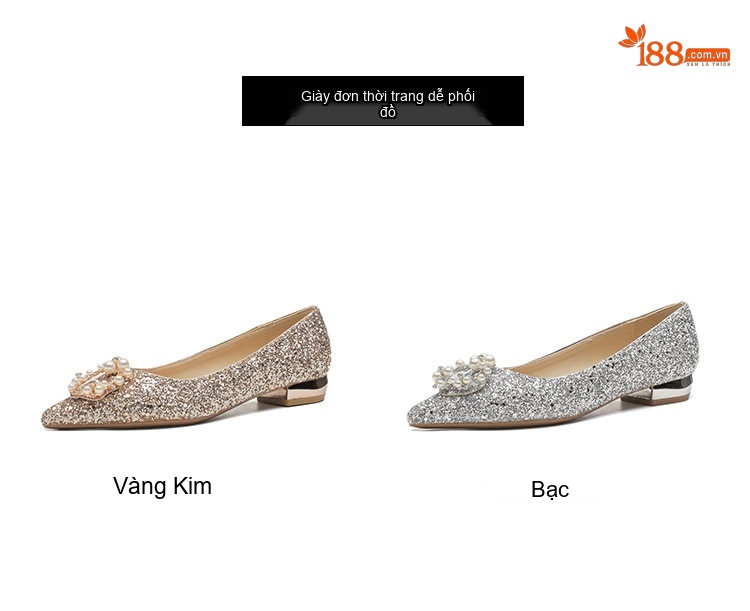 Giày Búp Bê Nữ Mũi Nhọn Đế Vuông Chiều Cao Đế Khoảng 3cm Đính Đá Màu Bạc chi tiết 3