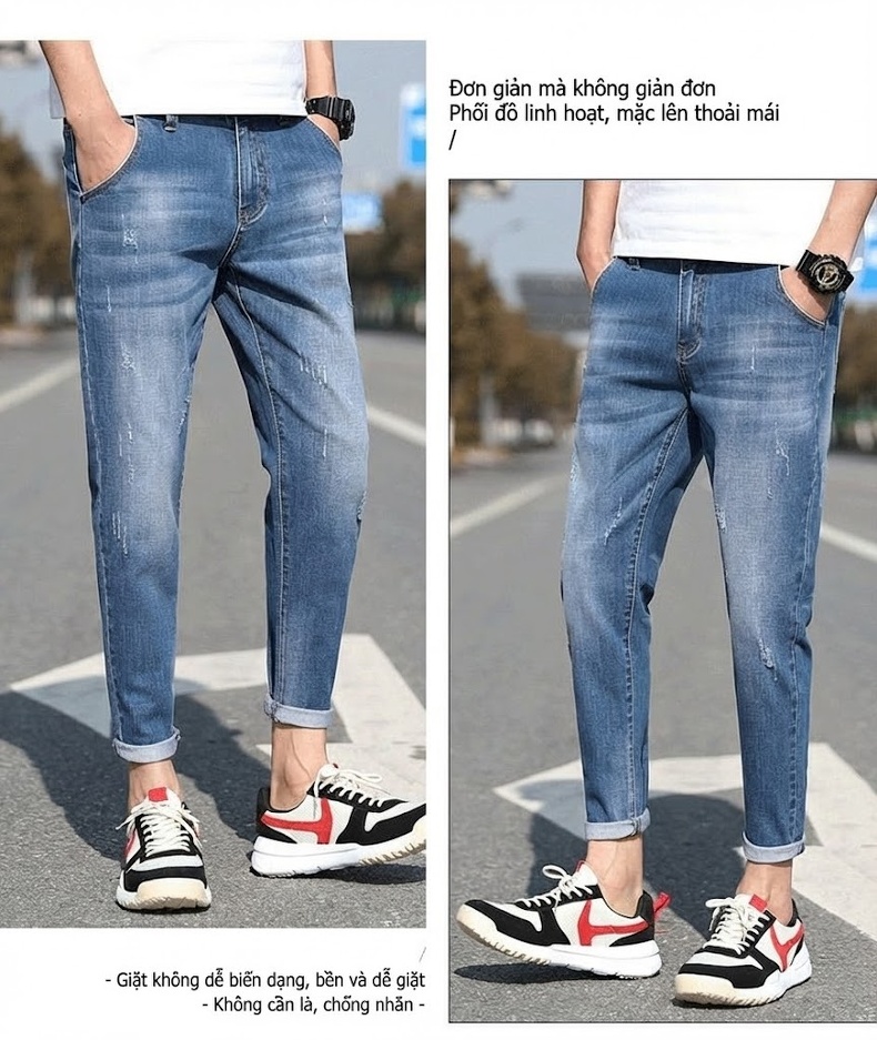 Quần Jean Nam Dáng Slim Fit Ống Lửng Phong Cách Casual Màu Xanh chi tiết 18