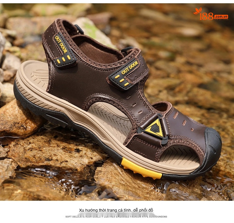 Dép Sandal Nam Da Thật Quai Dán Đế Cao Su Chống Trượt Bít Mũi Đi Biển, Đi Phượt (đế cao 3 cm) chi tiết 27