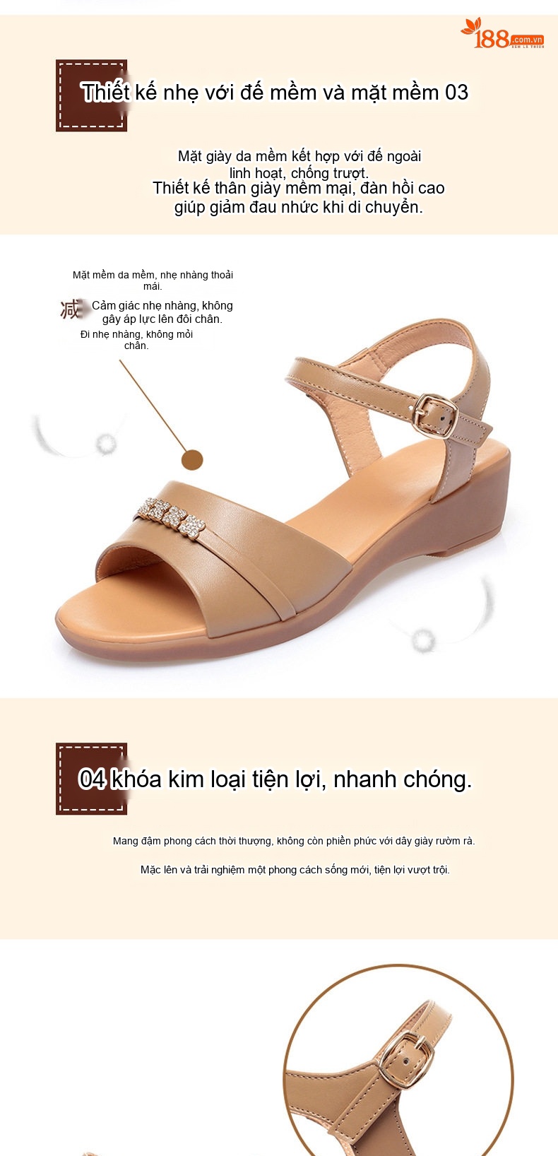 Dép Sandal Nữ Da Thật Quai Ngang Đính Đá Đế Bệt Thoải Mái Đế Cao 3cm - 4cm Màu Kem, Nâu, Đen chi tiết 5