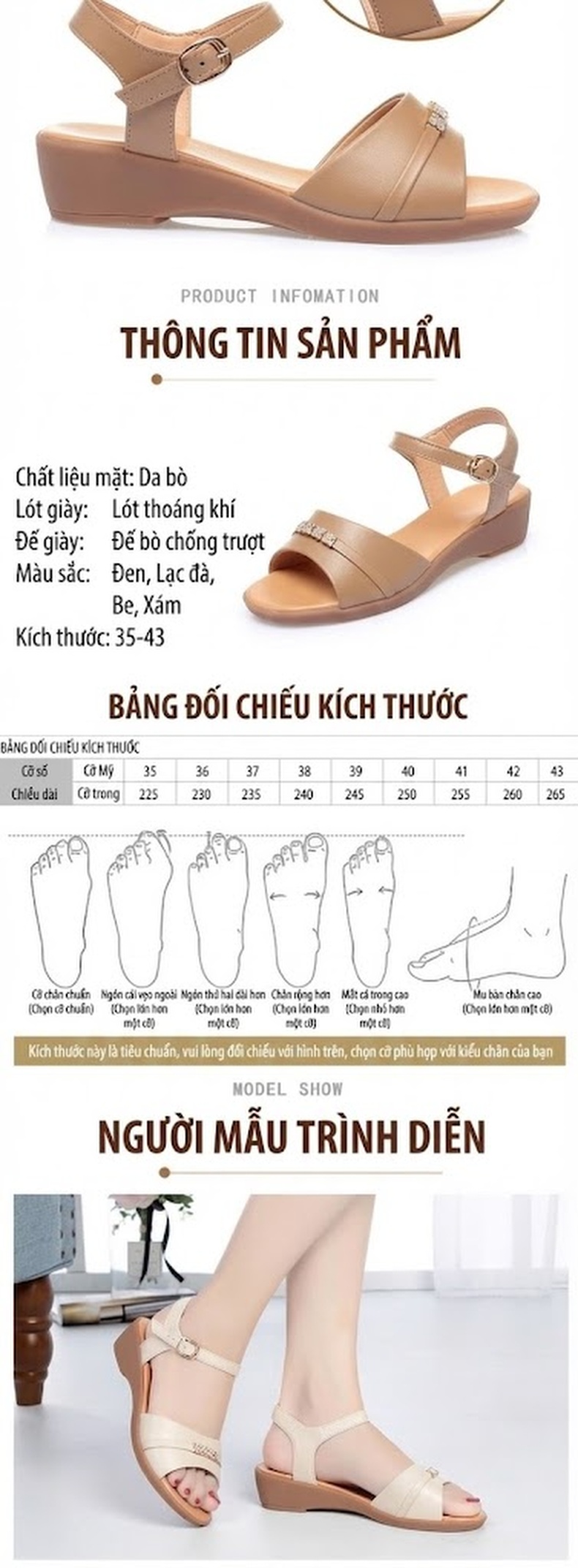 Dép Sandal Nữ Da Thật Quai Ngang Đính Đá Đế Bệt Thoải Mái Đế Cao 3cm - 4cm Màu Kem, Nâu, Đen chi tiết 6