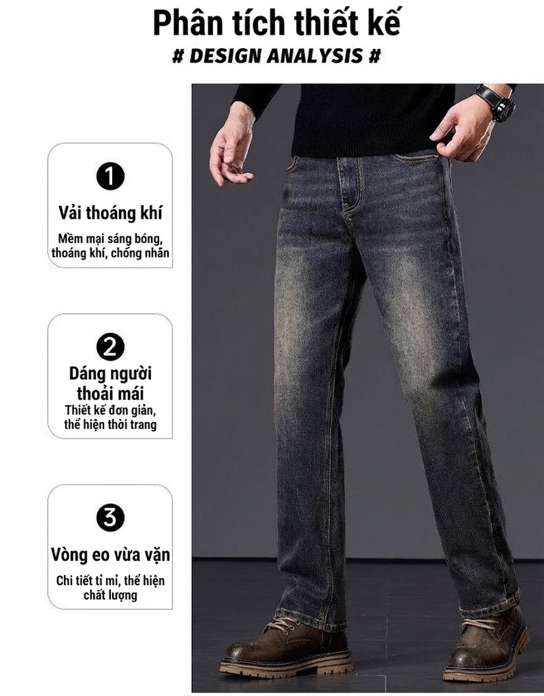 Quần Jean Nam Ống Suông Rộng Co Giãn Phong Cách Retro Màu Xanh Denim chi tiết 3