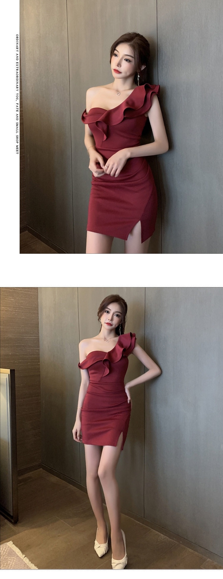 Váy Ôm Body Nữ Hở Vai Bèo Nhún Xẻ Tà Ngắn Màu Đỏ Rượu Vang, Trắng, Nude, Đen chi tiết 5