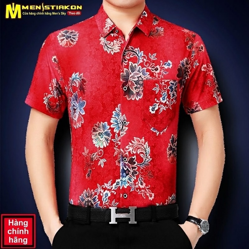 Áo Sơ Mi Nam Tay Ngắn Họa Tiết Hoa Phong Cách Trung Hoa Thoáng Mát Màu Xanh Dương, Đỏ, Xanh Lá, Vàng...