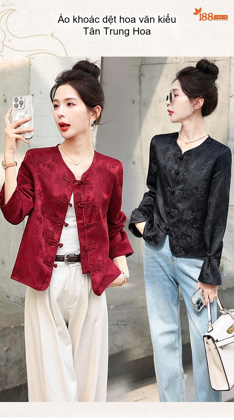 Áo Khoác Lửng Nữ Họa Tiết Jacquard Phong Cách Trung Hoa Cổ Điển Màu Đỏ, Đen chi tiết 7