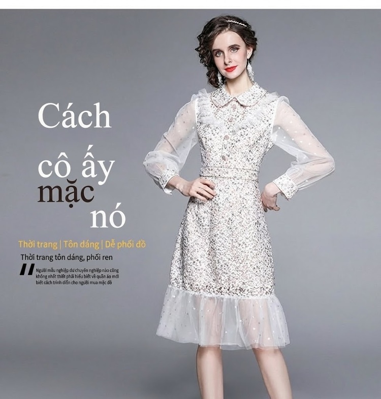 Đầm A Thêu Họa Tiết Ren Cổ Búp Bê Tay Dài Phong Cách Tiểu Thư Màu Trắng chi tiết 2