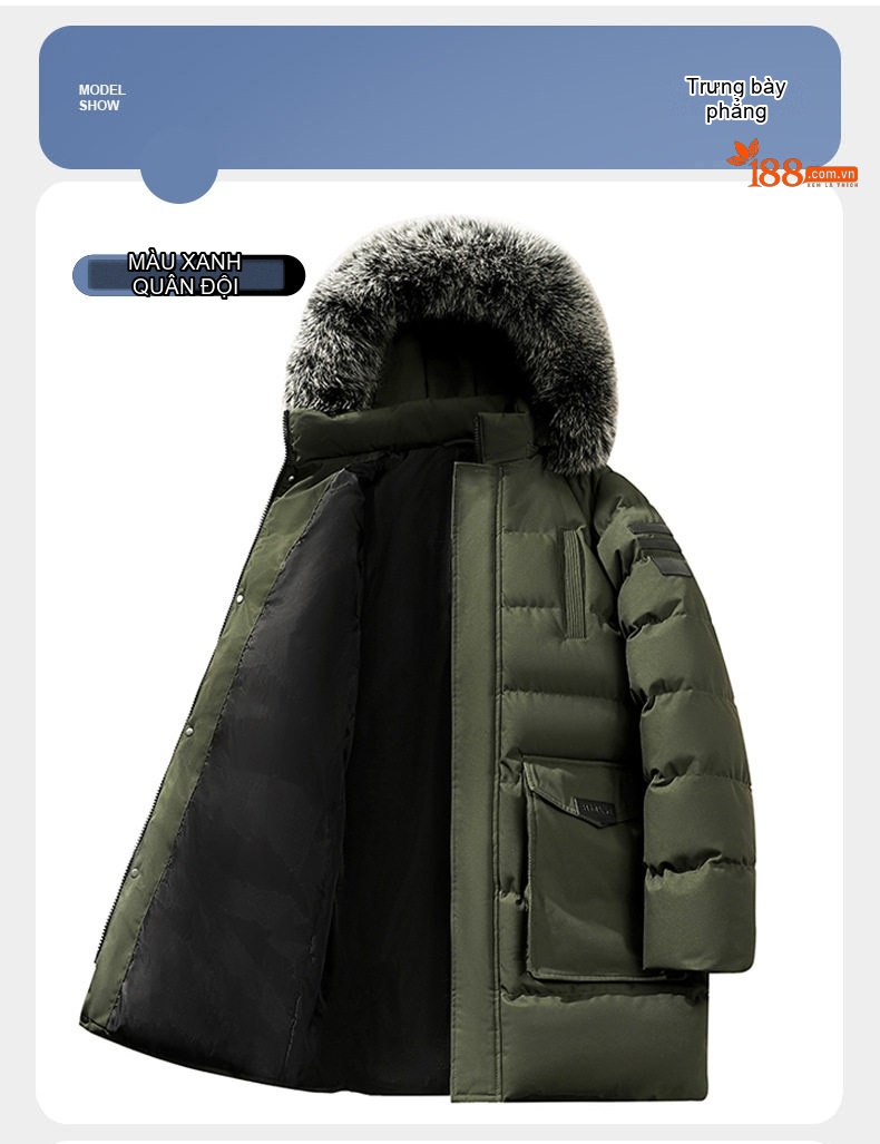 Áo Khoác Cotton Nam Dáng Dài Cỡ Lớn Có Mũ Trùm Đầu Lông To Dày Dặn Màu Đen, Xanh Navy, Xanh Rêu chi tiết 9