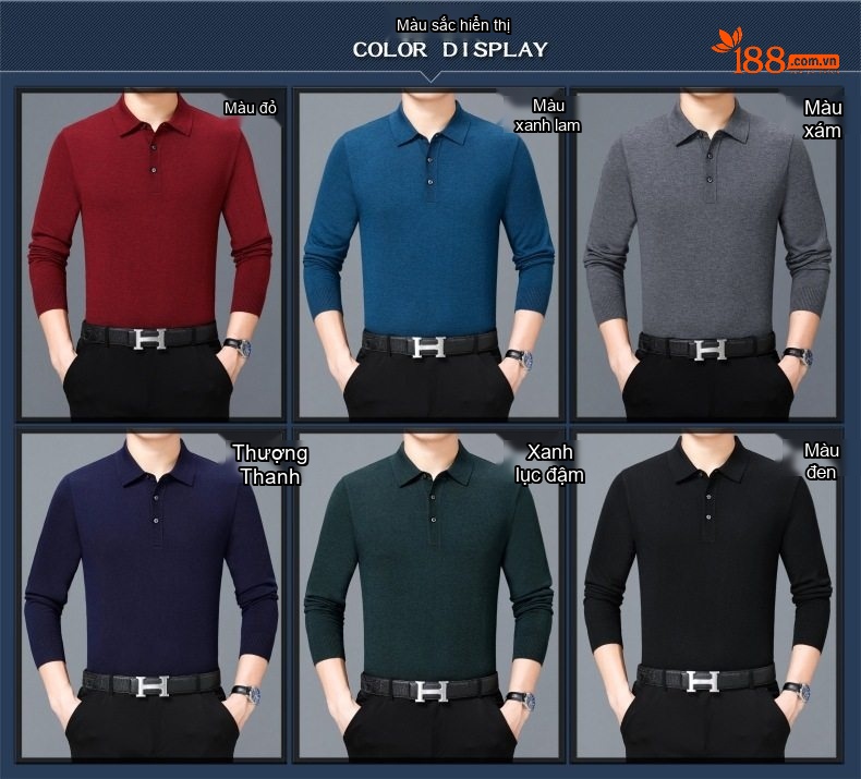 Áo Thun Polo Nam Dài Tay Cashmere Dáng Ôm Vừa Vặn Màu Đen, Đỏ, Xanh Dương, Xám... chi tiết 4