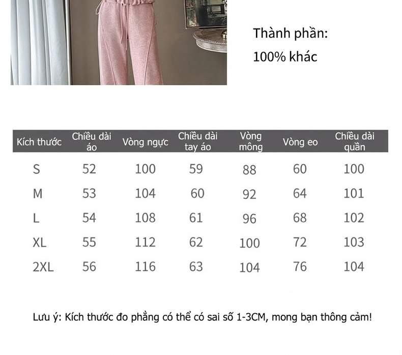 Bộ Đồ Nữ Thu Đông Dáng Rộng Áo Hoodie Có Mũ Quần Ống Rộng Lót Lông Dày Dặn Màu Hồng, Kem chi tiết 1