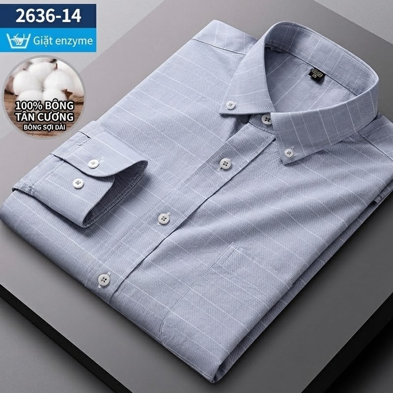 Áo Sơ Mi Nam Tay Dài Cotton Oxford Giặt Nước Kẻ Caro Mặc Đơn Giản Lót Trong Công Sở Màu Trắng, Xanh Dương, Xám, Hồng...