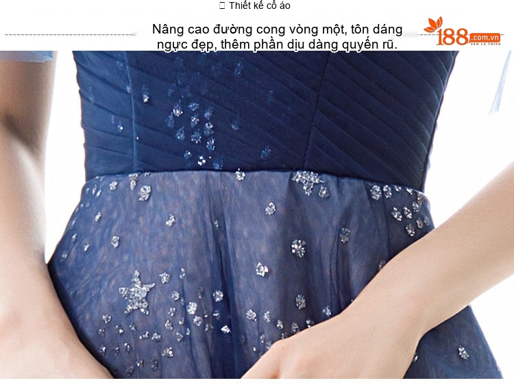 Váy Dạ Hội Dáng Dài Hở Vai Đính Sao Lấp Lánh Màu Xanh Navy chi tiết 13