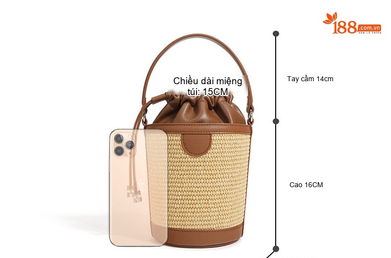 Túi Xách Nữ Vải Canvas Dáng Tròn Mini Đựng Đồ Thiết Kế Dây Rút Màu Nâu, Đen chi tiết 9