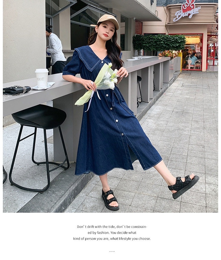 Váy Jean Nữ Cổ Búp Bê dáng chữ A Thắt Eo Thanh Lịch chi tiết 27