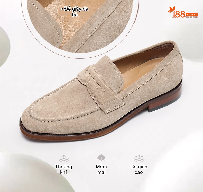 Giày Lười Nam Da Thật Lộn Chiều Cao Đế Khoảng 3cm Phong Cách Anh Màu Đen, Kem chi tiết 8