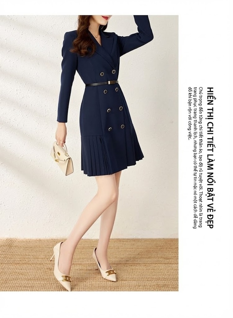 Váy Vest Nữ Công Sở Chiết Eo Dáng Ôm Xòe Nhẹ Màu Xanh Navy, Hồng chi tiết 4