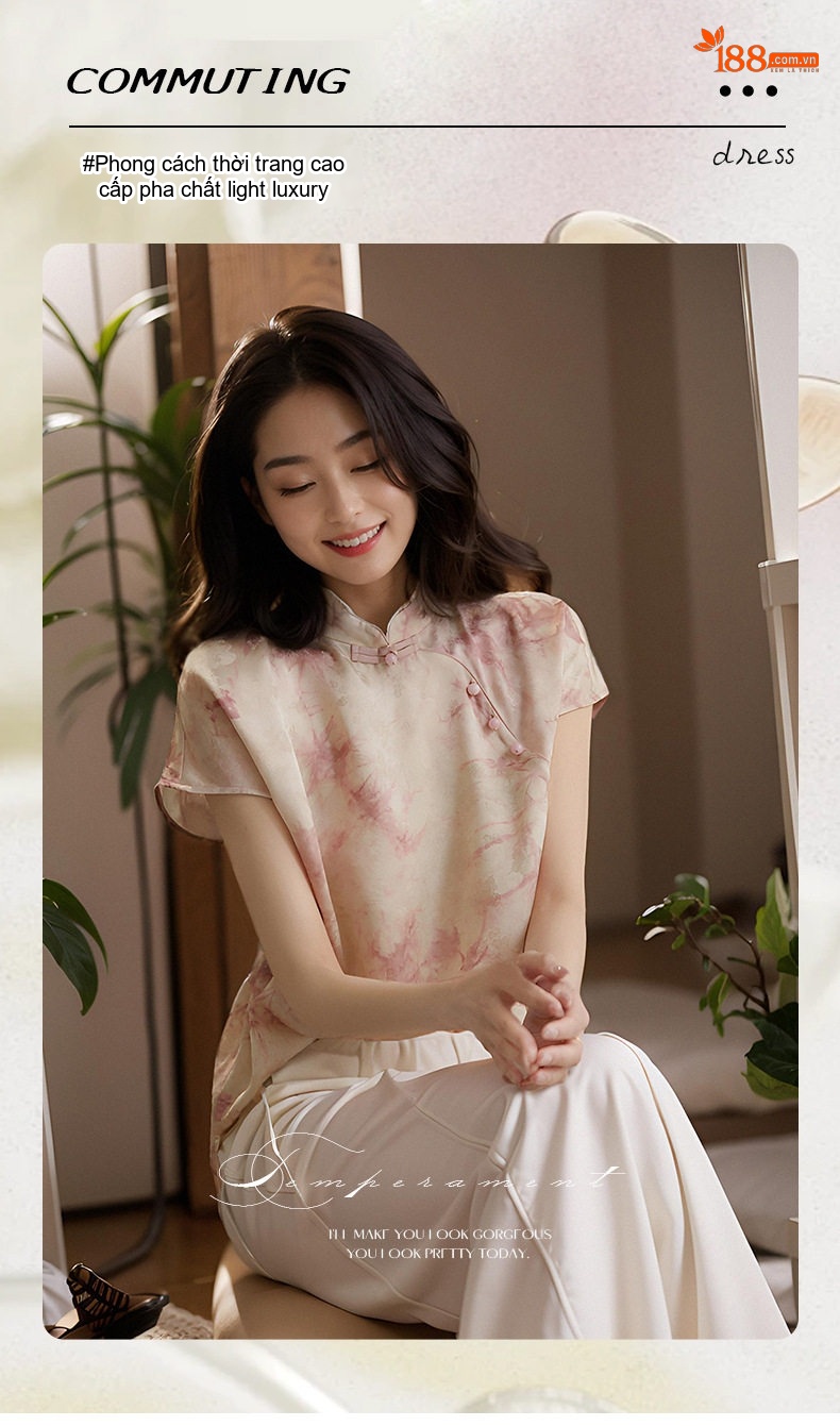 Áo Sơ Mi Nữ Tay Ngắn Cổ Tàu Họa Tiết Thắt Nút Màu Hồng chi tiết 1