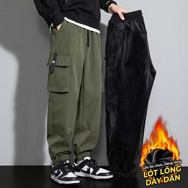 Quần Jogger Nam Ống Bo Chun Túi Hộp Lót Lông Dày Dặn Phong Cách Thể Thao