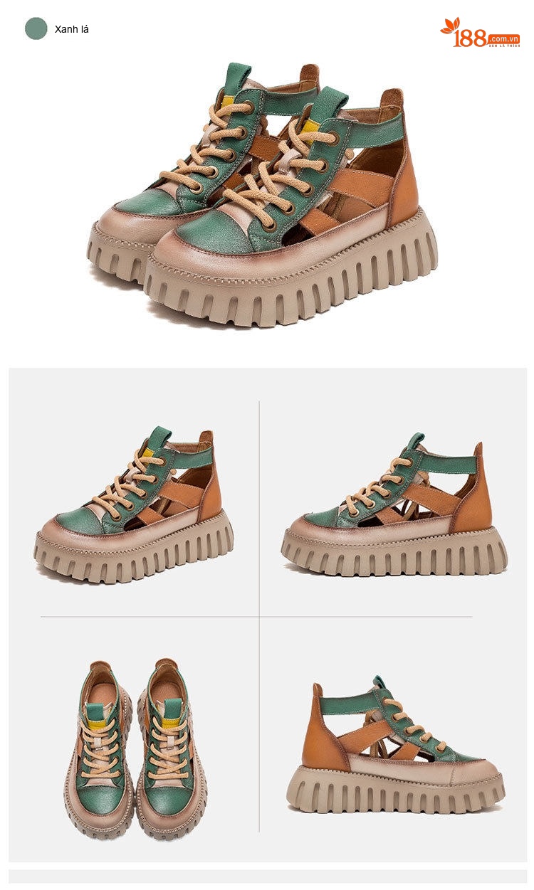 Dép Sandal Nữ Quai Da Hở Ngón Đế Bánh Mì Đế Cao 5cm - 6cm Màu Vàng, Xám, Nâu, Xanh Lá chi tiết 15