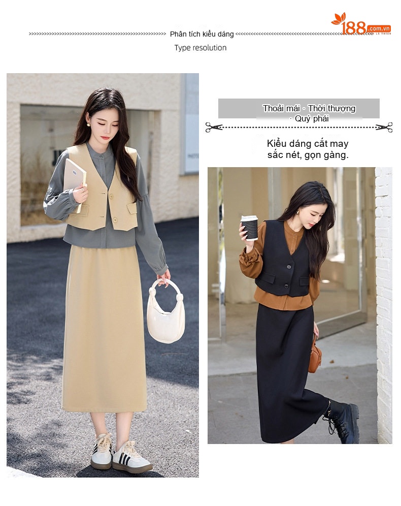 Set Bộ Vest Gile Nữ Áo Dài Tay Chân Váy Midi Thanh Lịch Màu Đen, Be, Xanh Olive chi tiết 7