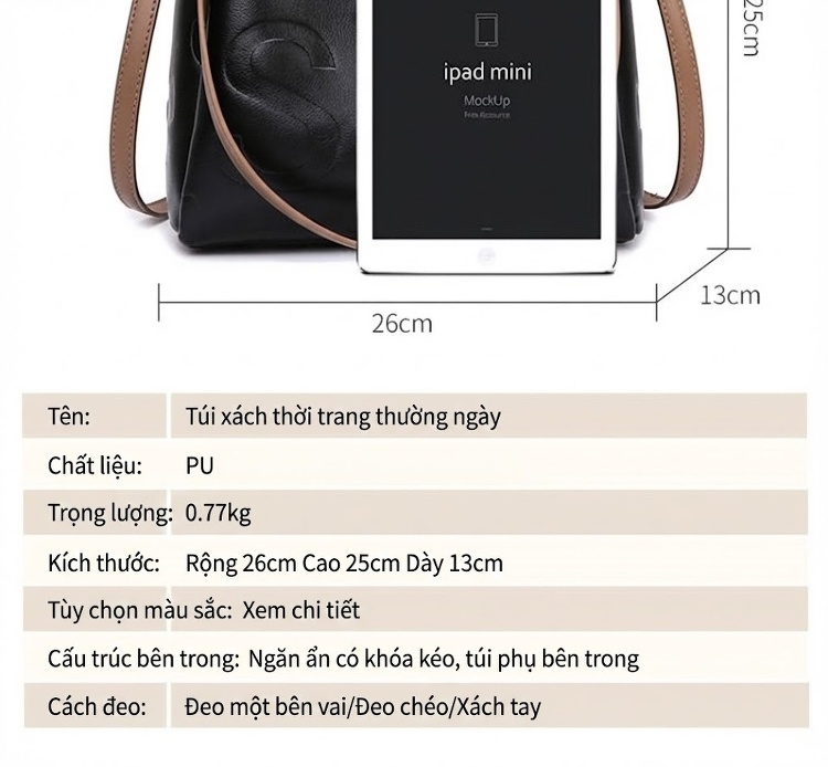 Túi Xách Nữ Da Bóng Đeo Vai Công Sở Tote Bucket Lớn Màu Đen, Nâu chi tiết 3