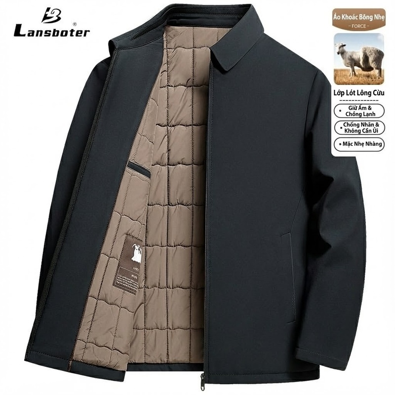 Áo Khoác Cotton Nam Cổ Bẻ Lót Lông Cừu Non Giữ Ấm Màu Đen
