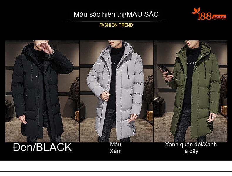 Áo Khoác Phao Nam Dáng Dài Có Mũ Trùm Đầu Cotton Dày Ấm Áp Màu Đen, Xám, Xanh Rêu chi tiết 6