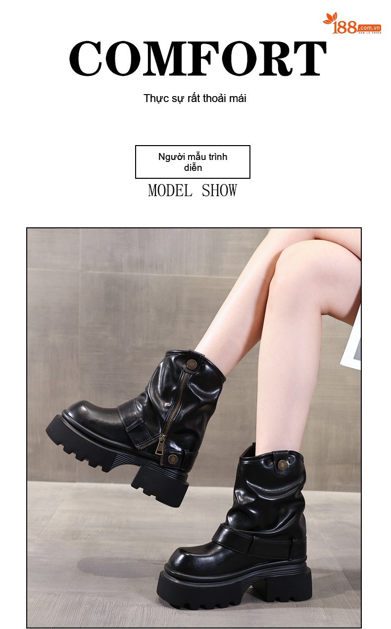 Boot Nữ Da Bóng Đế Cao Khoảng 7.5cm Tăng Chiều Cao Màu Đen, Nâu chi tiết 13