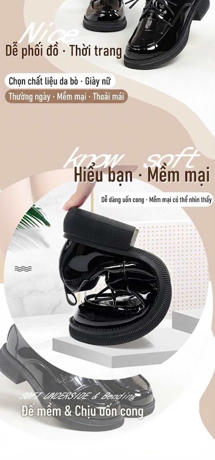 Giày Oxford Nữ Da Bóng Buộc Dây Phong Cách Anh Quốc Chiều Cao Đế Khoảng 4cm Màu Đen chi tiết 2