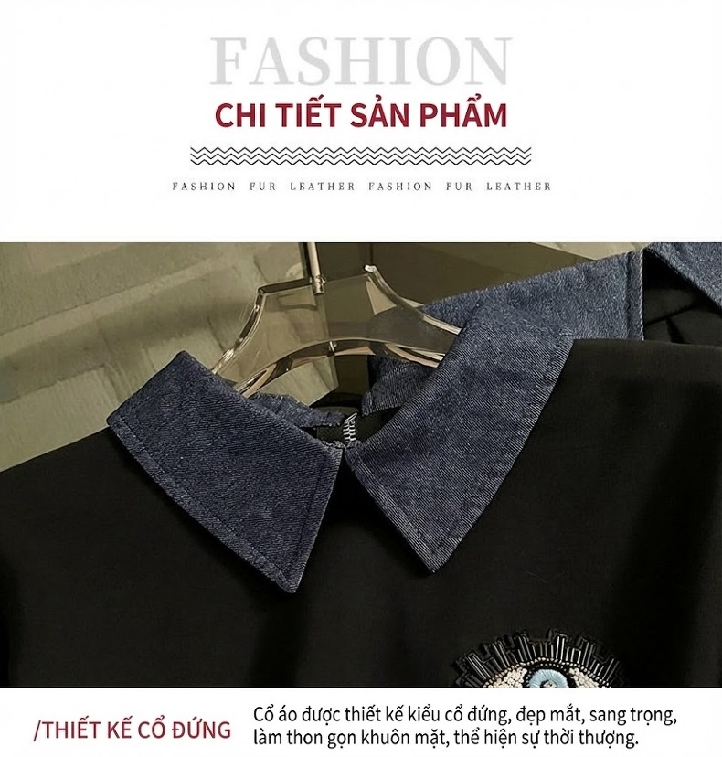 Set Bộ Áo Nỉ Dài Tay Và Chân Váy Dáng Dài Giả Hai Lớp Màu Đen chi tiết 9