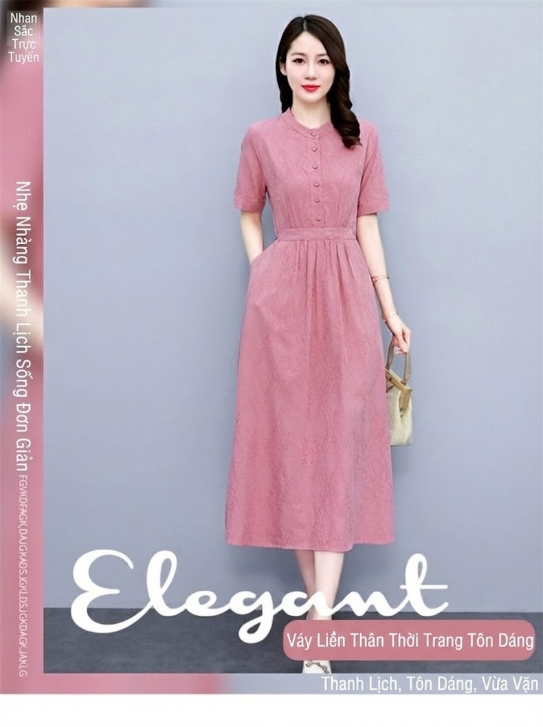 Váy Midi Nữ Cotton Linen Thiết Kế dáng chữ A Che Bụng, Eo Thon Gọn Màu Hồng, Xanh Dương chi tiết 1